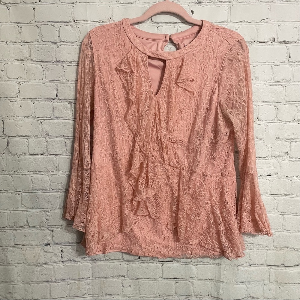 Pastel Pink Lace Covered Long Sleeve Peplum Top Size 12